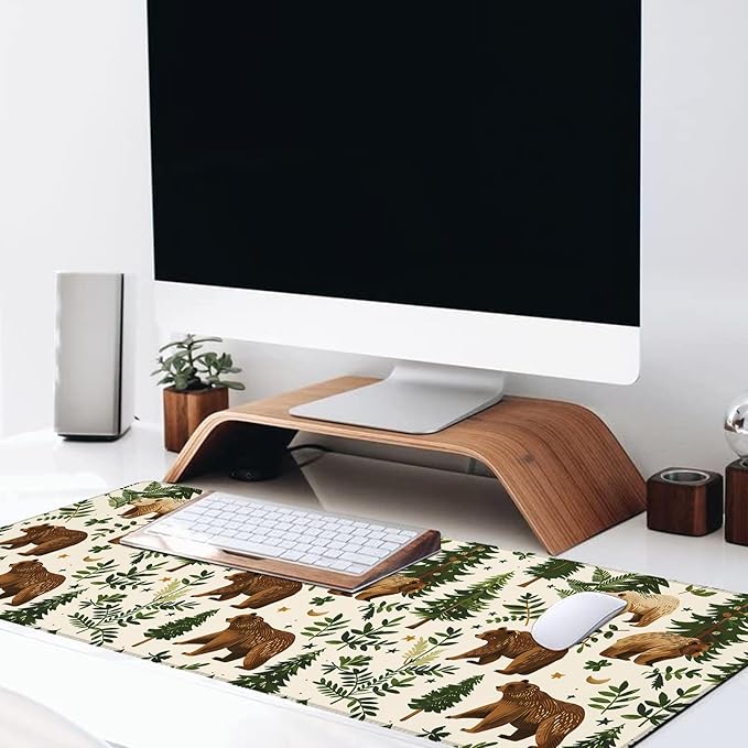 Bear Large Gaming Desk Mat,Rubber Non-Slip Cute Woodland Pine Tree Mouse Pad,31.5x11.8x0.12in Extended Retro Mousepad,Game Lover Mice Pads Gifts,Office Home Deskmat Decor