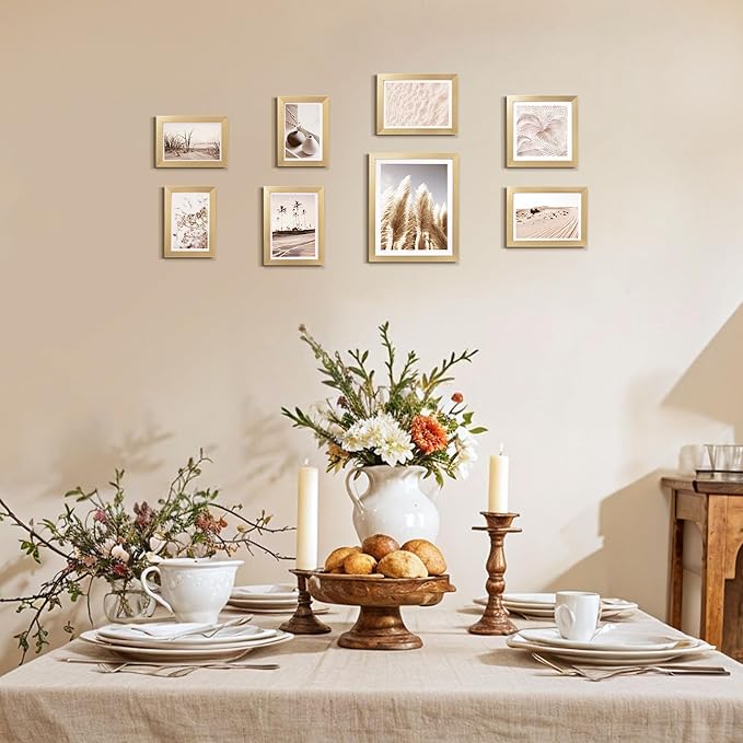 ArtbyHannah Gallery Wall Frame Set, 8 Pack Picture Frames Collage Wall Art Decor with Neutral Pampas Grass for Bedroom, Assorted Size Including 8"x10", 5"x7", 4"x6", 6"x6"(Gold Frame,Small)