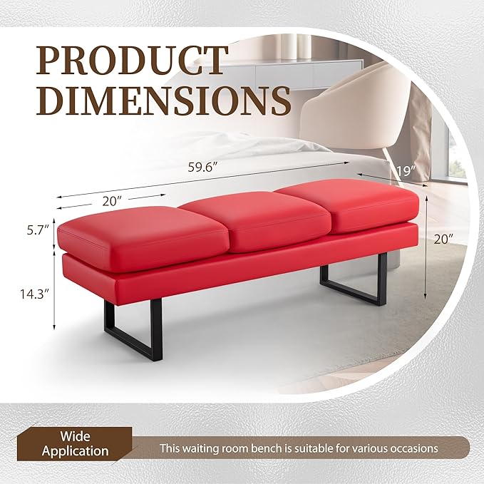 Furniwell Waiting Room Bench with 3 Seats,Faux Leather Reception Bench Upholstered Office Guest Chair Seating,Lobby Bench for Salon,Conference Room and Shop (Red)