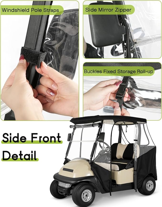 Golf Cart Enclosure 2 Passenger for Club Car Precedent Tempo Onward 2-Person Seaters 600D Waterproof Transparent Driving Rain Cover with 4-Sided Clear Windows Mirror Zipper Roll-Up Door Black
