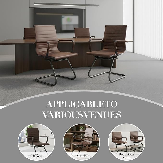 CIMOTA Waiting Room Chairs Set of 2 Leather Office Guest Chair Mid Back Reception Chairs with Sled Base for Meeting/Patient/Conference Room, Retro Brown, 2PCS