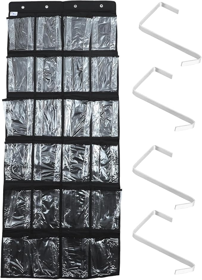 24-Pocket Shoe Hanging Organizer Bag, Black Non-Woven Fabric Door Hanging Storage Bag with Mesh Pockets, Multipurpose Closet Organizer for Bedroom and Home Use