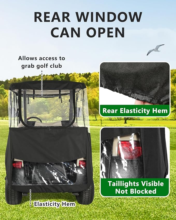 Golf Cart Enclosure 2 Passenger for Club Car Precedent Tempo Onward,600D Clear Rain Cover Driving Enclosure 2 Seater,Roll Up 4 Sided Transparent Windows&Door Heavy Duty Zipper,Side Mirrors Openings