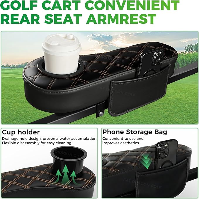 Panglong Golf Cart Armrest with Cup Holder and Phone Storage Pouch-Black or Brown, Fit Club Car EZGO Yamaha Rear Seat 1-Inch Square Tube