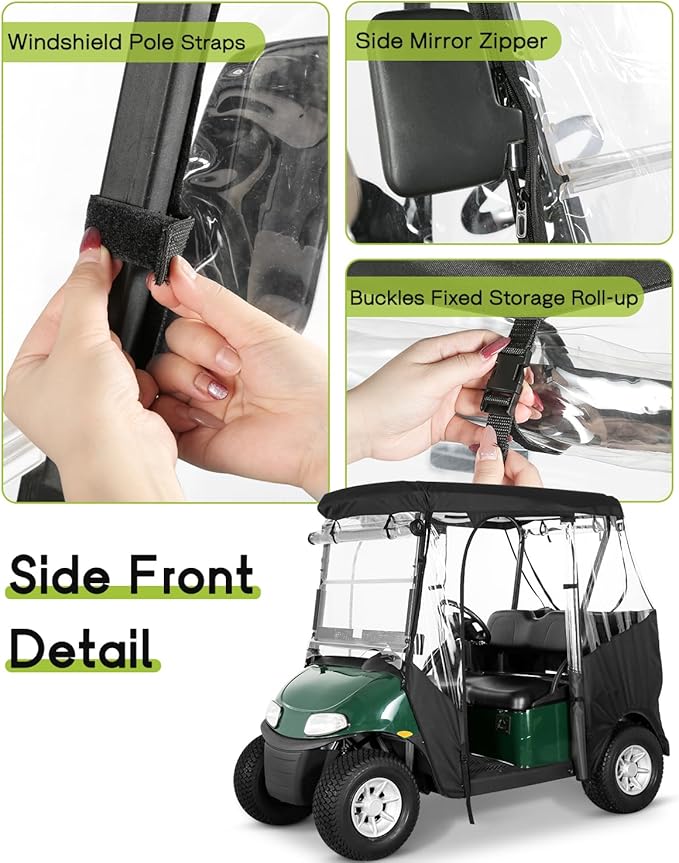 Golf Cart Enclosure 2 Passenger for EZGO TXT RXV 2-Seater 600D Waterproof Transparent Driving Rain Cover 57.5 Inch Roof 4-Sided Clear Windows Roll-Up Door Black