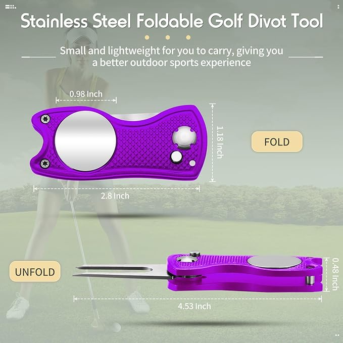 Skylety 4 Pcs Golf Divot Repair Tool Metal Foldable Golf Divot Tool with Magnetic Pop-up Button Ball Marker Stainless Steel Switchblade for Golfers Prizes