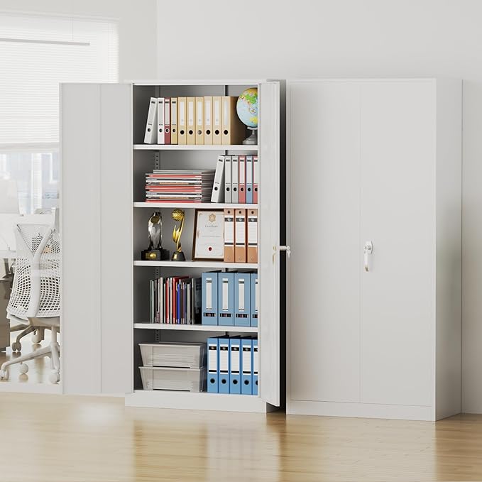 Pataku Metal Storage Cabinet, 72" Garage Cabinet with Doors and Shelves Lockable Steel Multifunctional Cabinets, White File Cabinets for Home, Office, Warehouse