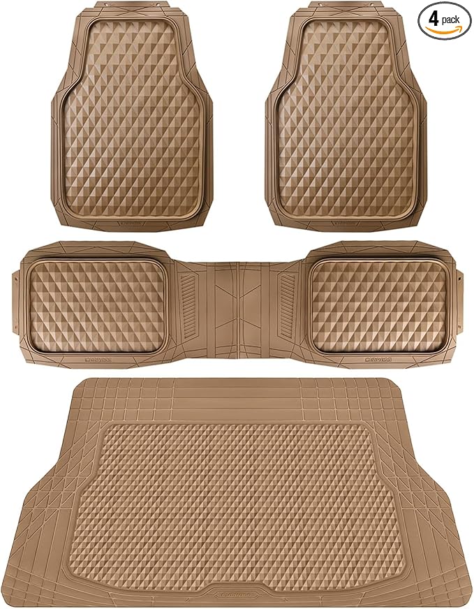 CAR PASS Heavy Duty Rubber Beige Car Floor Mats & Cargo Liners, Deep Dish All-Weather Trunk Mats Durable Anti-Slip 3D Rhombus Waterproof Trim to Fit Liner Universal Fit Auto,Sedan,SUV,Truck, Beige