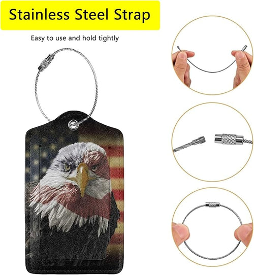 2 Pack Bald Eagle USA Flag Luggage Tags for Suitcases, Cool Leather Luggage Tag for Travel, Bag Tag Privacy Name ID Card Bag Labels for Friends Adults Kids Tourists