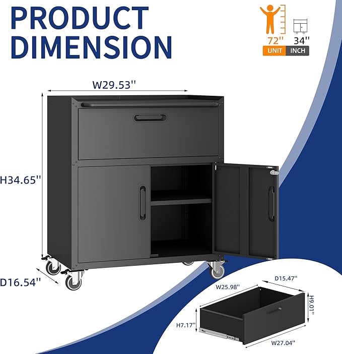 Metal Tool Cabinet,Garage Storage Cabinet System,Wall Cabinet & Locking Rolling Tool Cabinet with Doors and Adjustable Shelves,Steel Tool Cabinets for Home (2 Pcs-StyleF, Black)