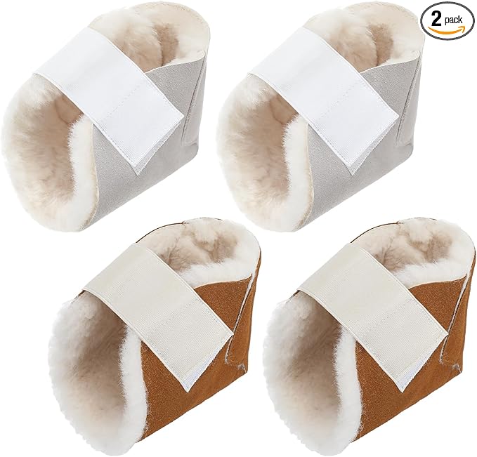 2 Pairs Heel Protector Boot Sheepskin Heel Protectors Soft Foot Cushions Pads with Securing Strap for Protect Feet Ankle Pressure Bed Sores(Beige, Brown)