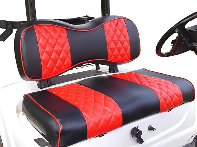 Huskey 4PCS Golf Cart Front/Rear Seat Covers for EZGO RXV 2008-UP G&E Models Custom Two-Tone Black/Red Diamond Stitching with Red Piping, Marine Grade Vinyl Material, Staple on Design