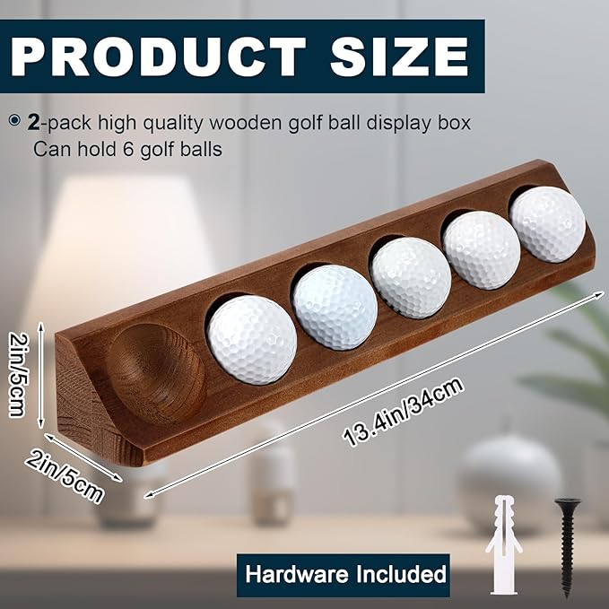 Golf Ball Display Case Wall Mount 6 Standard Size Golf Ball Stand Holder Display Stand for Sport Memorabilia Gift for Men Homen Office Tabletop Decor(Walnut Color,2 Pack)