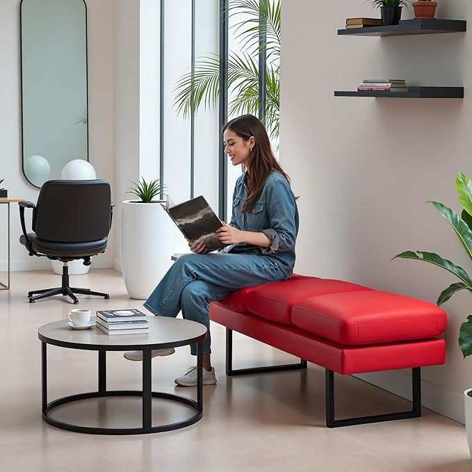 Furniwell Waiting Room Bench with 3 Seats,Faux Leather Reception Bench Upholstered Office Guest Chair Seating,Lobby Bench for Salon,Conference Room and Shop (Red)