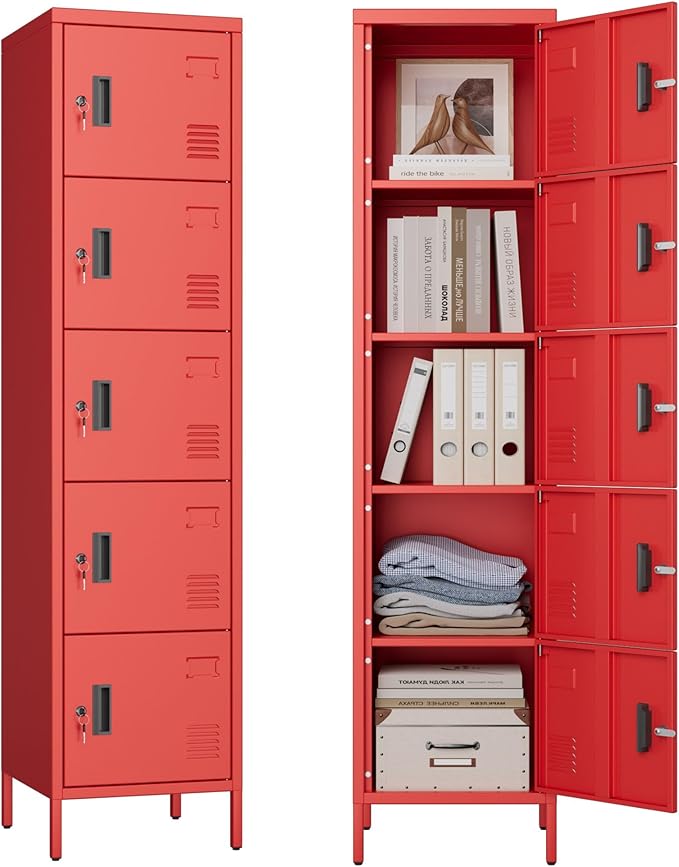 Aobabo 16" W 5 Door Metal Storage Locker with Lock, 66" H Steel Locker with Name Card Holder and Metal Leg for School, Home, Office, Playroom, Assembly Required, Red
