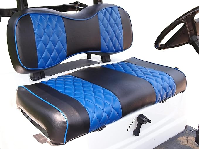 Huskey 2PCS Golf Cart Front Seat Covers for EZGO RXV 2008-UP G&E Models Custom Two-Tone Black/Blue Diamond Stitching with Blue Piping, Marine Grade Vinyl Material, Staple on Design