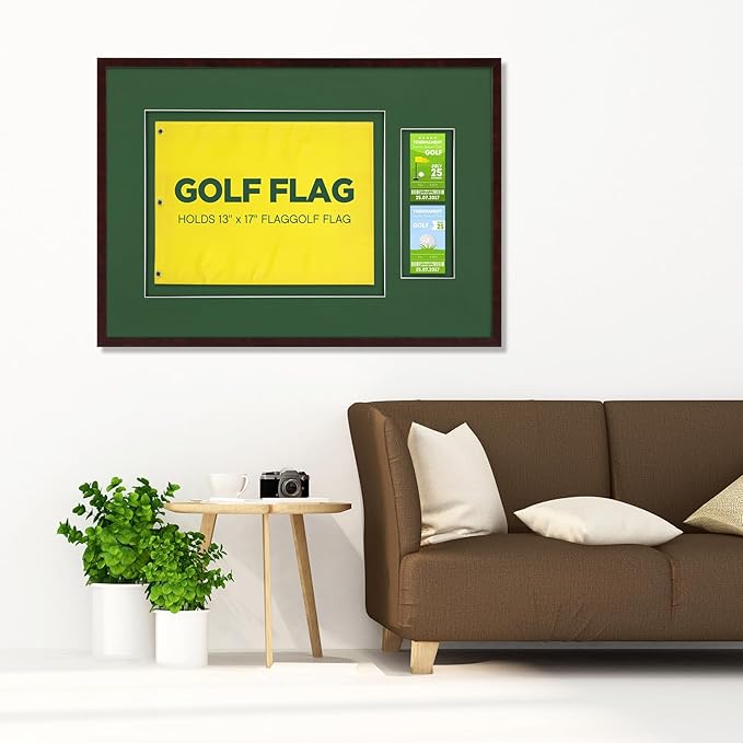 20''x29.5'' Golf Flag Frames for 13''x17'' and 14''x18'' Golf Flags Wood Photo Frame Collection Sport Collector Memorabilia for Retirement Birthday Gifts, Flag Not Included (Reddish Brown)