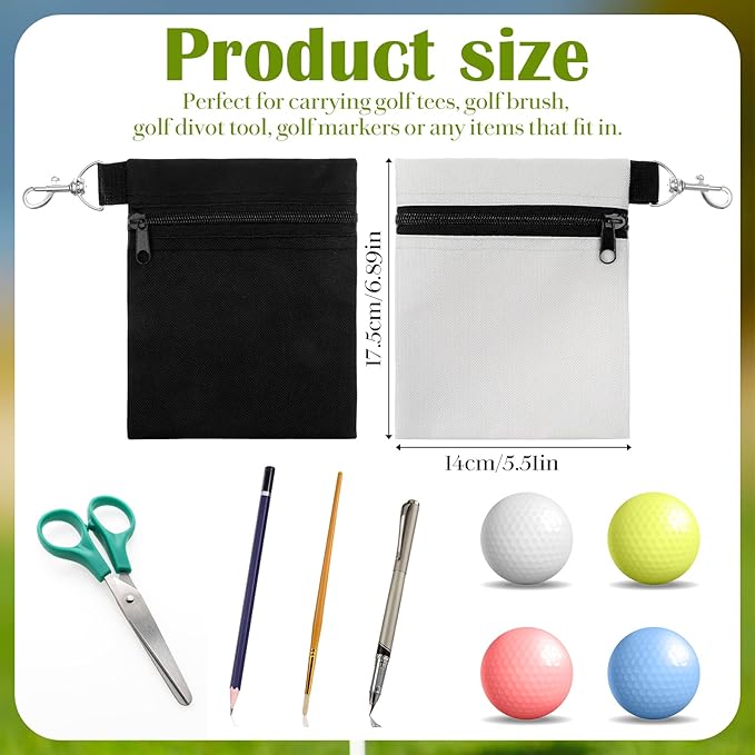 2 Pcs Golf Tee Pouch, 5.51 X 6.89 Inch Professional Zipper Golf Tee/Ball, Zipper Golfs Accessory Bag with Clip, Golfs Tee Bags Pouch Bags with Metal Lobster Claw Clip for Men Women