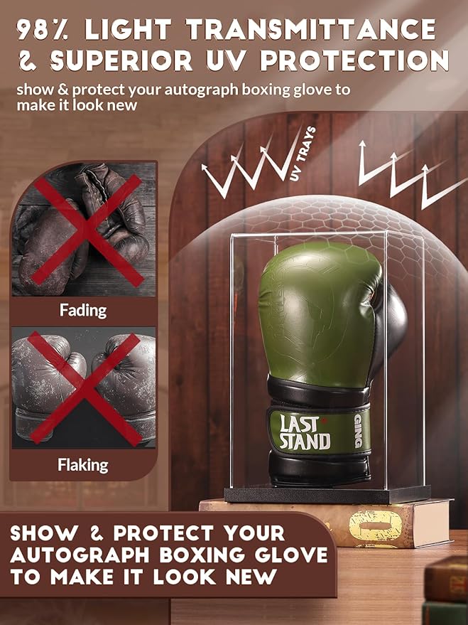 JupDec Boxing Glove Display Case, Clear Acrylic Showcase with Wood Base & Plank for Single Glove, Full Size UV Protection Souvenirs and Collectibles Box, Ideal Gift for Boxing Fans, Black