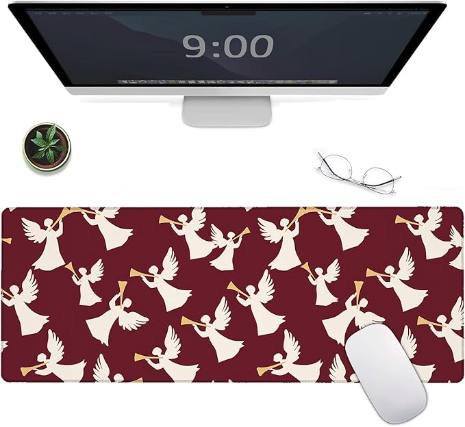 Cute Angel Large Gaming Mouse Pad,Elegant Trumpet Spiritual Desk Mat,31.5x11.8x0.12in Extended Non-Slip Rubber Red Mousepad,Computer Deskmat Gifts,Laptop Mice Pads Decor for Home Office