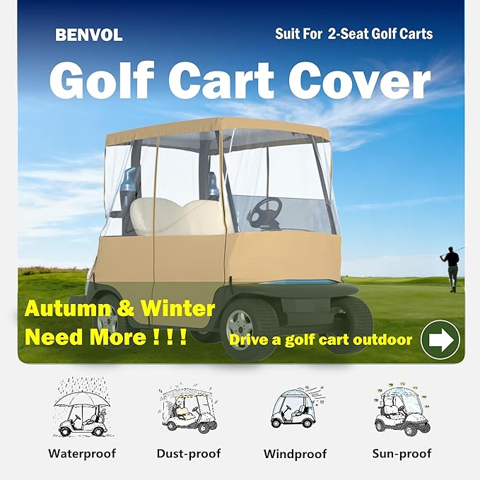 BENVOL Golf Cart Cover, For 2 Seater, Driving Use, 4 Sides Rolled Up, Waterproof, Windproof, Dustproof, 600D Waterproof Oxford Cloth, Super Transparent EVA, For Club Car Precedent/Tempo/ Onward, EZGO