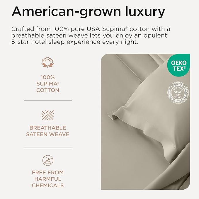 Threadmill Sheets for Twin XL Mattress | 800 Thread Count Twin XL Bed Sheets Set with 15” Deep Pocket | Sateen Weave, Better Than Egyptian Cotton, 3-Piece Bedding Set with Cooling Effect | Taupe