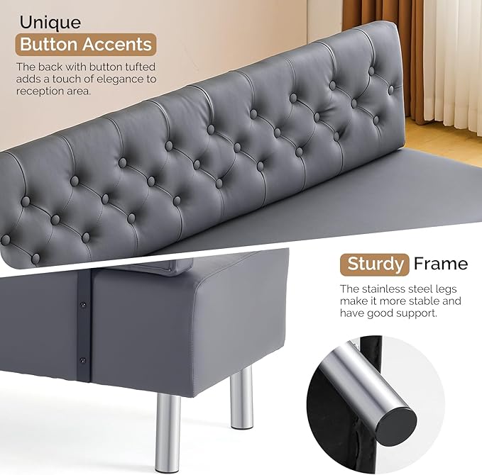 OmySalon Waiting Room Bench with Back, 58.6’’ Office Guest Chair Upholstered Reception Seating, Lobby Furniture for Beauty Salon Barbershop Airport Bank Hall Room Conference, Button Tufted, Gray