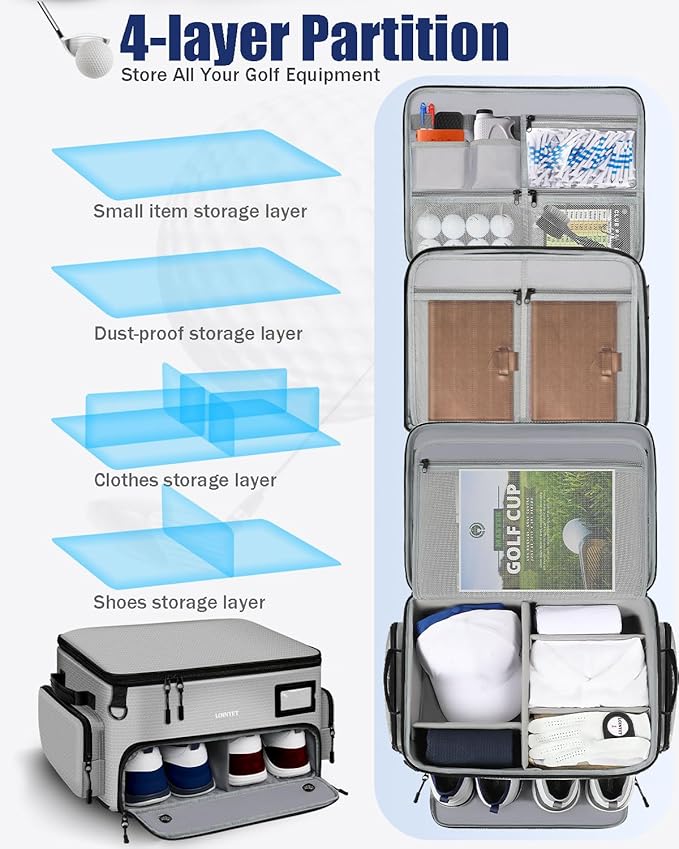 Golf Trunk Organizer, Waterproof Car Golf Locker with Separate Ventilated Compartment for 2 Pair Shoes, Golf Storage for Balls, Tees, Cap, Clothes, Gloves, Accessories, Gifts for Men, Women