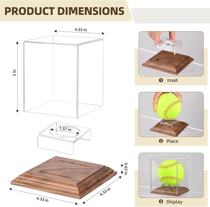 Softball Display Case Walnut Wood Base Acrylic Softball Case Display For Balls Uv Protection Softball Holder Cube Box Stand Memorabilia Autograph Ball, Ideal Gift For Official Size Single Ball Display