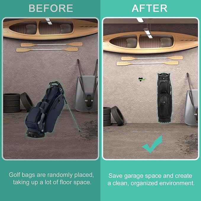 Wall Mounted Golf Bag Hook, 2 Bags Storage Racks Perfect for Garage Organization, Space Saving Hanging Organizer (Black)
