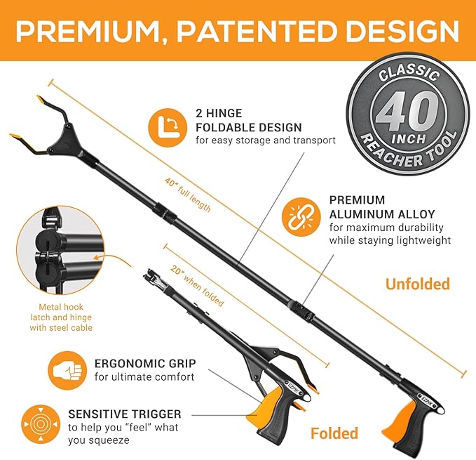 EZPIK Classic 40" Flexible Folding Grabber Tool for Elderly + Magnets, Reacher for Disabled & Seniors Heavy Duty Rotating Grippers for Reaching Underneath, Trash Grabbers & Pickers for Mobility