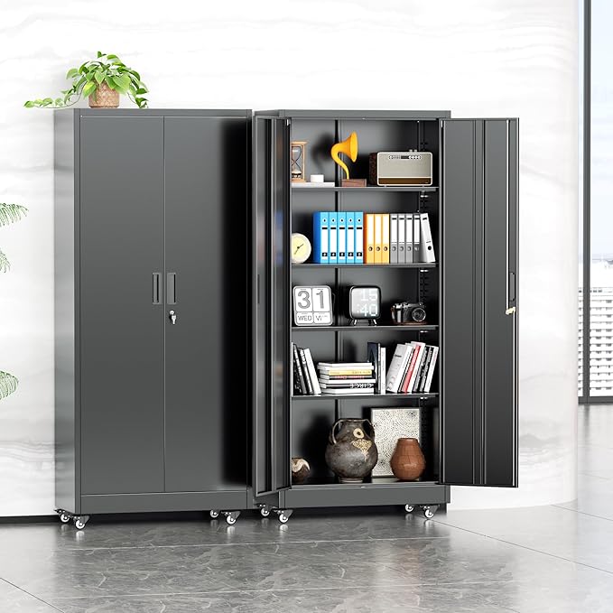 INTERGREAT Metal Garage Storage Cabinet with Wheels, Rolling Storage Cabinet with Locking Doors and 4 Adjustable Shelves,- 73" Steel Tool Cabinet for Home Office,Garage,Warehouse，Black