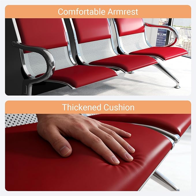 Kinfant 5-Seat Waiting Room Chairs with Arms – Heavy-Duty Steel Frame PU Leather Back & Cushioned Seat, Ergonomic Office Reception Guest Chair for Lobby, Clinic, Airport, Red