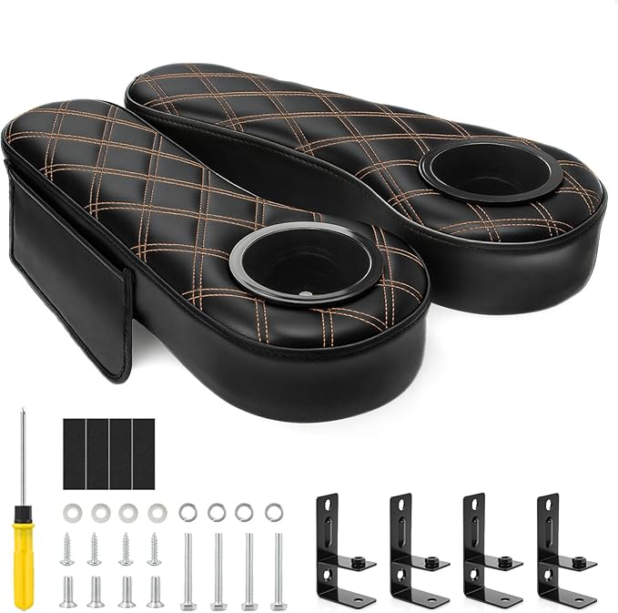 Panglong Golf Cart Armrest with Cup Holder and Phone Storage Pouch-Black or Brown, Fit Club Car EZGO Yamaha Rear Seat 1-Inch Square Tube