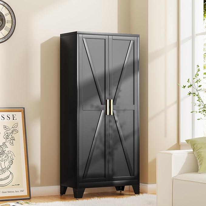 61H Metal Storage Cabinet with 2 Doors and Adjustable Shelves,Farmhouse Storage Cabinet with Barn Doors,Pantry Storage for Home,Office,Bathroom,Dining Room,Kitchen(Black)