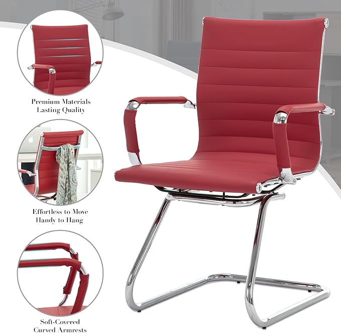 CIMOTA Waiting Room Chairs Leather Office Guest Chair Mid Back Reception Chairs with Sled Base for Meeting/Patient/Conference Room, Red Set of 2