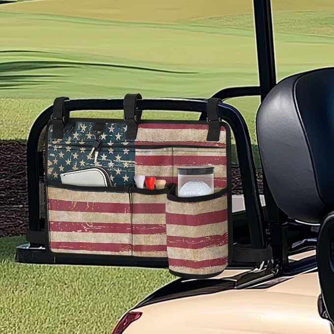 American Flag Golf Cart Bag, Golf Cart Rear Seat Organizer with Open Pockets for Golf Balls & Bottles