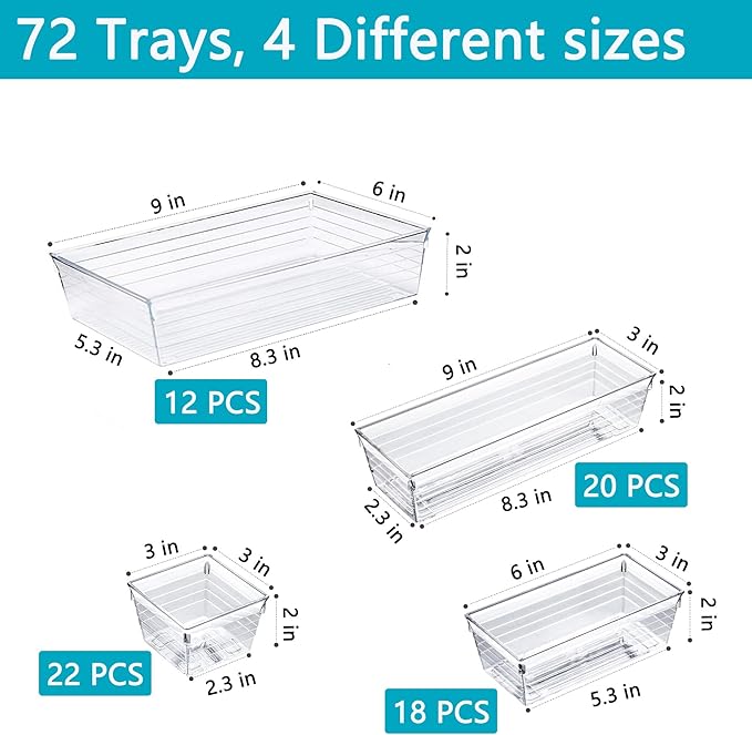 DCA 72 PCS Clear Plastic Drawer Organizers Set, 4-Size Versatile Bathroom and Vanity Organizer Trays, Storage Containers for Makeup, Jewelries, Bedroom，Kitchen Utensils and Office