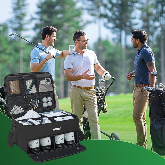 ANILD Golf Trunk Organizer, 2 Layer Golf Storage Case with Separate Ventilated Compartment for 2 Pair Shoes, for Balls, Tees, Clothes, Gloves, Accessories, Golfer Gifts