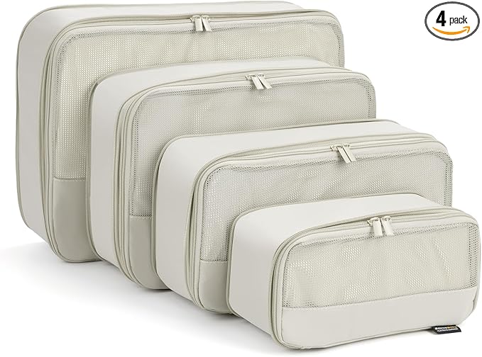 4 Piece Compression Packing Cubes for Suitcases and Backpack, Lightweight Travel Organizer Bags (Off White)