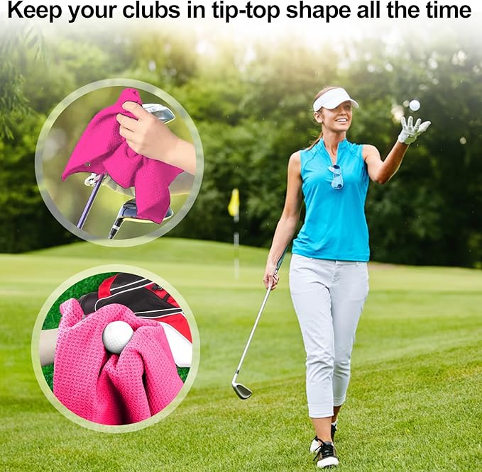3 Pack 16" X 16" Golf Towels with Carabiner Clip, Super Absorbent Microfiber, Waffle-Pattern, Romantic Pink