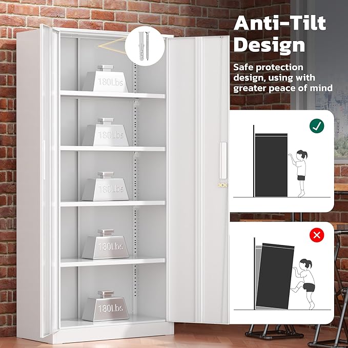 Greenvelly Metal Lockable Storage Cabinet, 72” Storage Cabinet with 2 Doors and 4 Adjustable Shelves for Office, Home, Garage, Pantry (Assembly Required, White)