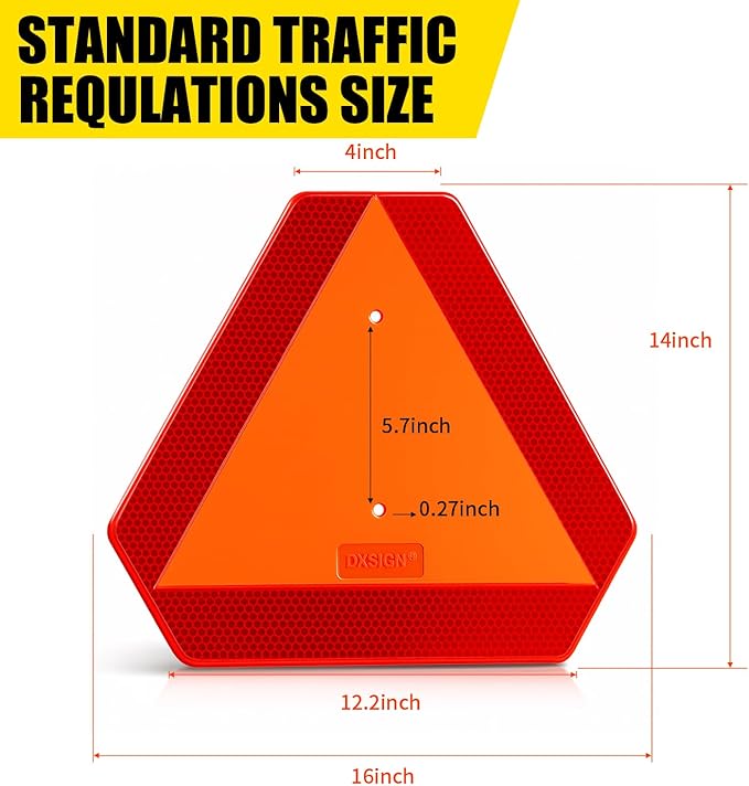 Slow Moving Vehicle Sign, Plastic DOT Slow Moving Vehicle Triangle Signs, SMV Sign 14"x16"x0.16"/5mm Thick Diamond Grade Reflective Up to 7 Years Outdoor for Golf Cart Accessories, Tractor, Utv,