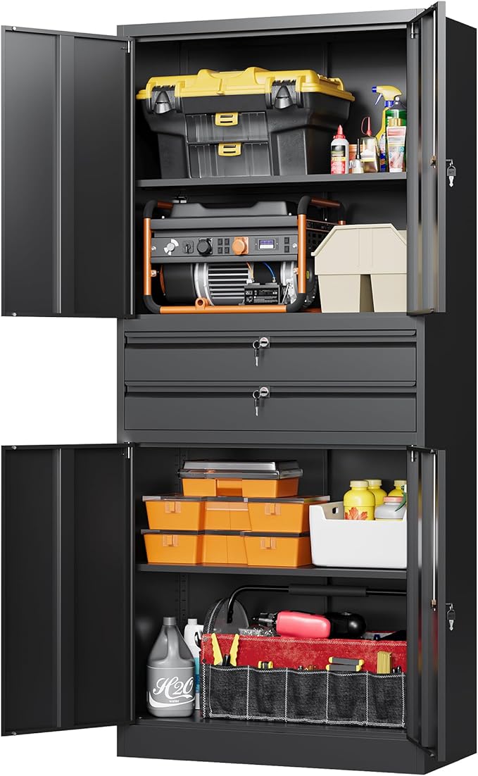 Letaya Metal Garage Storage Cabinet,71" Heavy Duty Steel Tool Cabinet with 4 Door Lock-Adjustable Shelves and 2 Drawer for Garage Home Office Utility Room (Black)