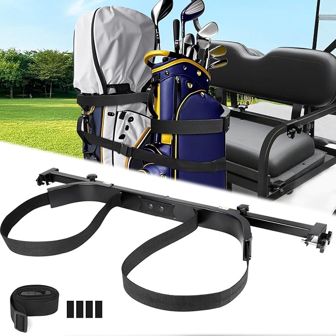 Golf Cart Rear Seat Bag Holder Bracket Attachment for Most 2+2 Golf Cart Rear Seat with 1 Inch Square Tube, No Drilling Golf Cart Bag Attachment for EZGO Club Car Yamaha Golf Carts, Metal / Stable