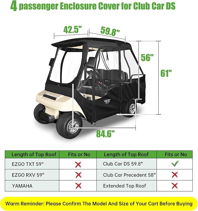 10L0L Golf Cart Driving Enclosure for Club Car DS, 2+2 Passenger Short Roof, Waterproof Windproof Heavy Duty 600D Rain Cover with 4-Sided Clear Windows & Durable Door Zipper, All-Weather Protection