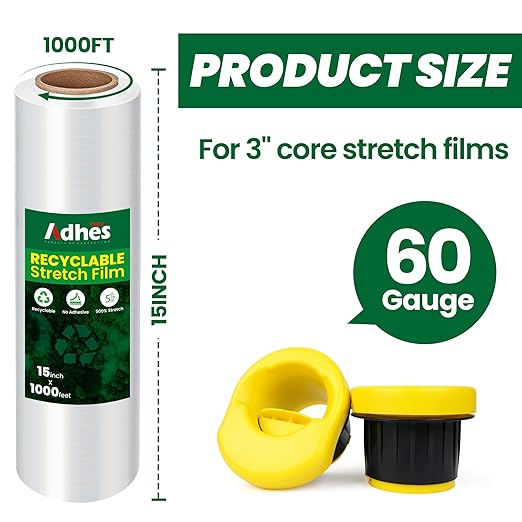 Adhes Recyclable Stretch Wrap Film with Handle, 15 Inch x 1000 Feet, 4Rolls Heavy Duty Plastic Pallet Wrap for Furniture Moving, Luggage Packing, Pallet Wrap, Eco-Friendly, Tear Resistant