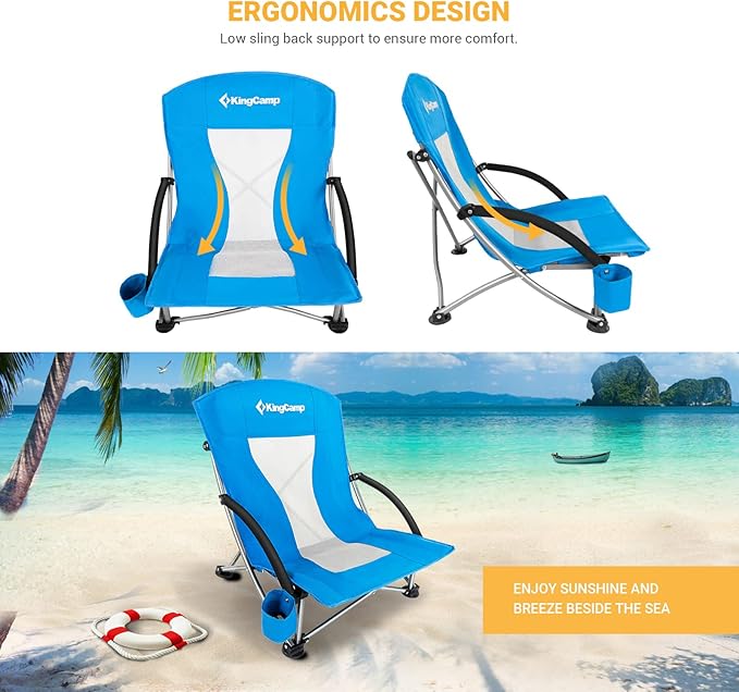 KingCamp Low Beach Chairs, Folding Portable Chair for Adults Lightweight Extra Wide Seat 300lbs Heavy Duty Oversized Backpack, Carry Bag for Camping