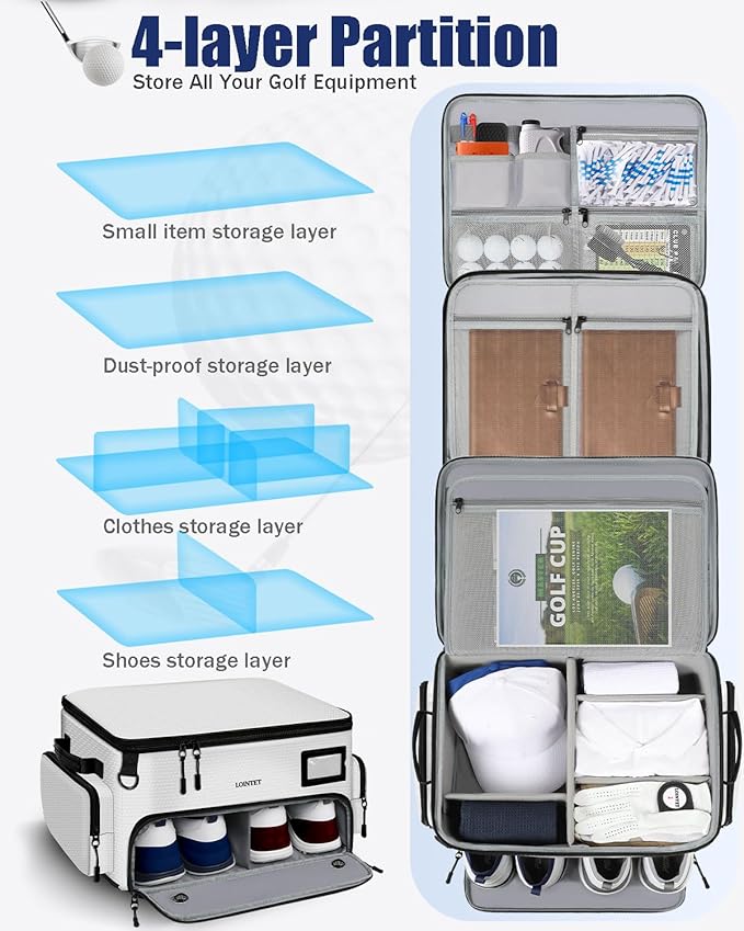 Golf Trunk Organizer, Waterproof Car Golf Locker with Separate Ventilated Compartment for 2 Pair Shoes, Golf Storage for Balls, Tees, Cap, Clothes, Gloves, Accessories, Gifts for Men, Women