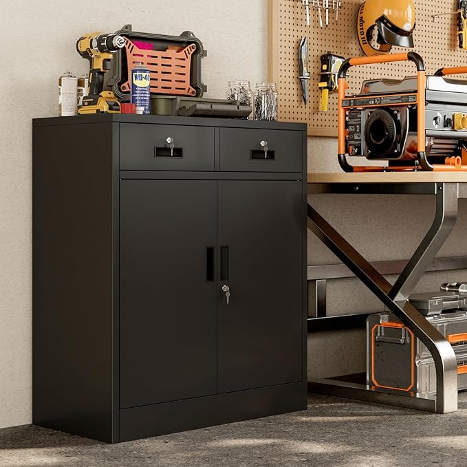 BESFUR 36" H Metal Storage Cabinet with 2 Lockable Drawers and 2 Lockable Doors, Black Locking Cabinet with Adjustable Shelf, Metal Cabinet for Home Office, Garage,School, Warehouse, Utility Room